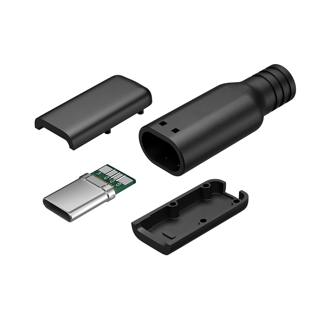Fiche USB 2.0 C mâle à souder avec capot, noir