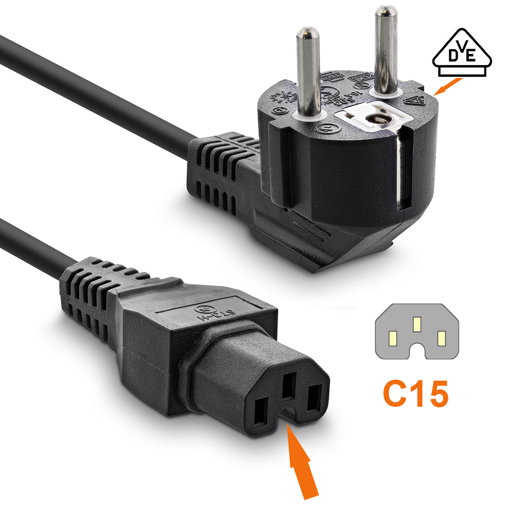 Câble secteur CEE 7/7 90° sur fiche pour appareil chaud C15, 1mm², VDE, noir, longueur 1.8m