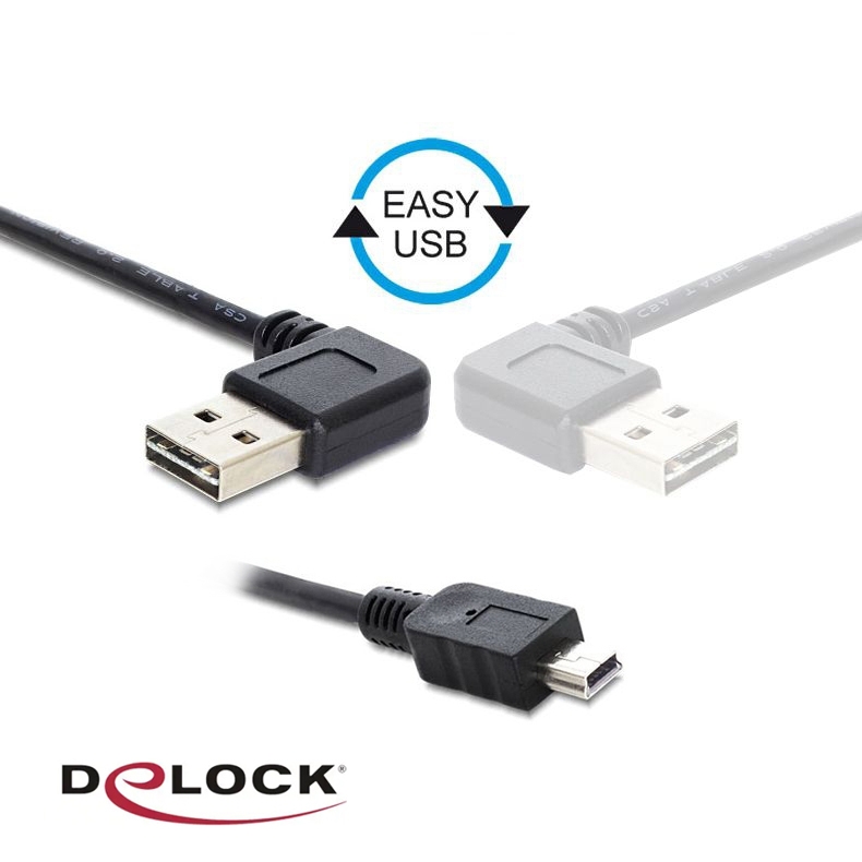 Câble USB A coudée vers Mini B, prise A enfichable 90° à gauche ou à droite, 1m