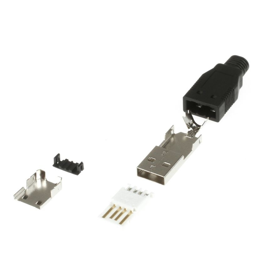 Fiche USB 2.0 A mâle pour la soudure + capot noir