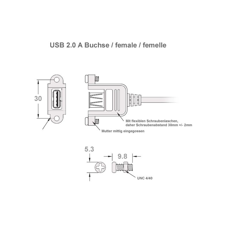 Câble USB2.0  à visser A femelle vers JST-PHR5, env. 40cm