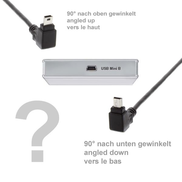 Câble USB 2.0, A mâle vers Mini-B mâle coudé 90° VERS LE BAS, 1m