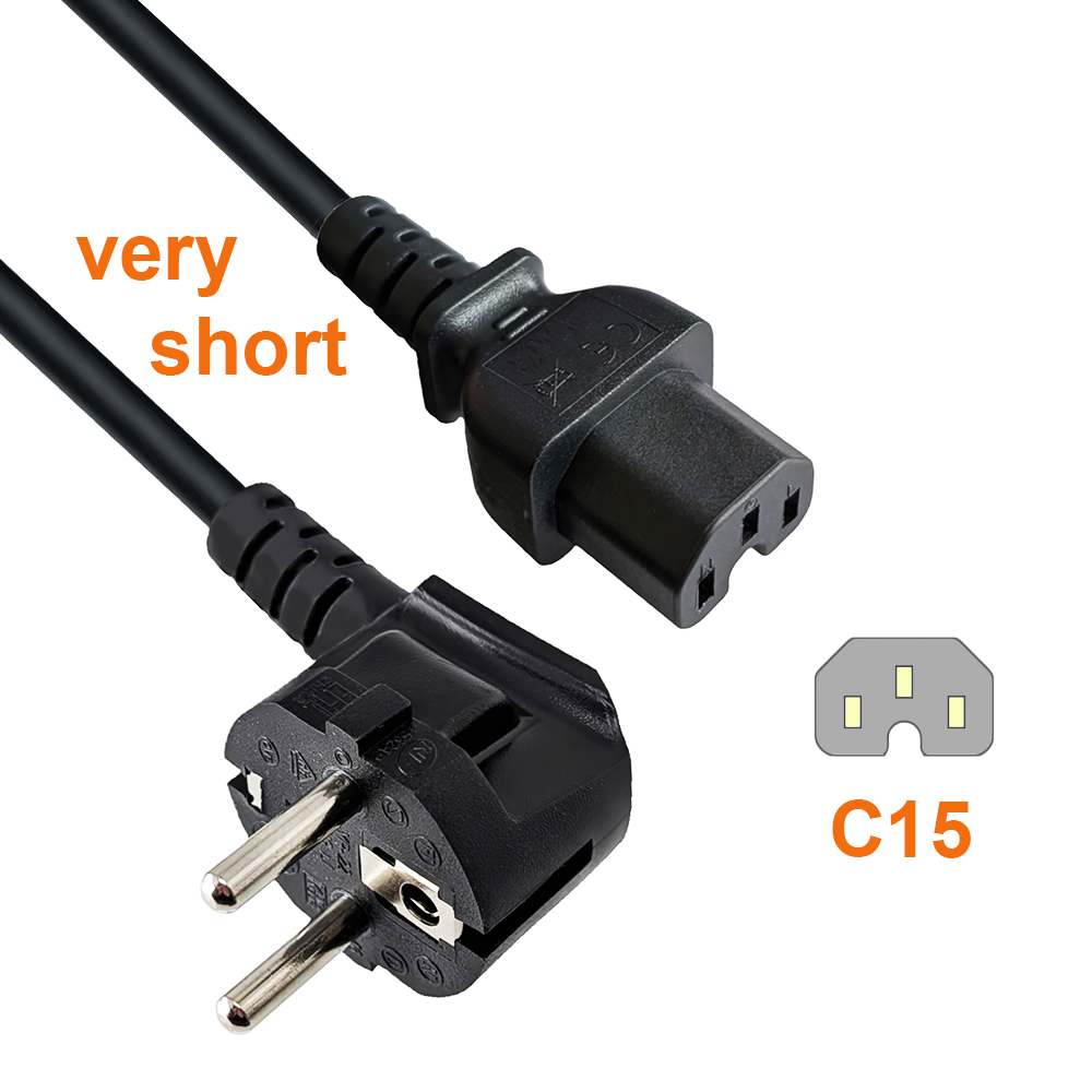 Câble secteur CEE 7/7 90° sur fiche pour appareil chaud C15, 1mm², VDE, noir, longueur 70cm