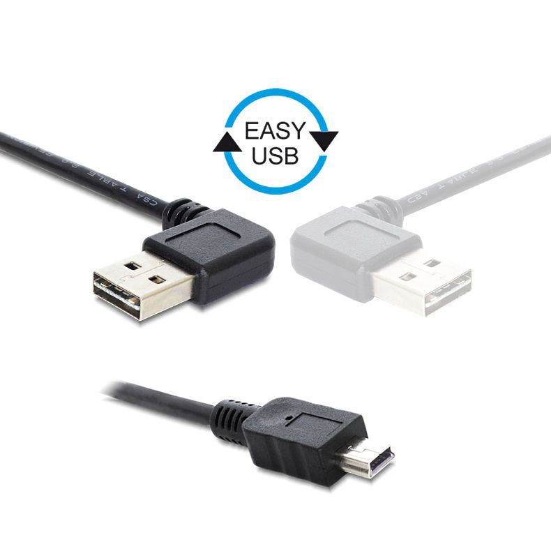 Câble USB A coudée vers Mini B, prise A enfichable 90° à gauche ou à droite, 2m