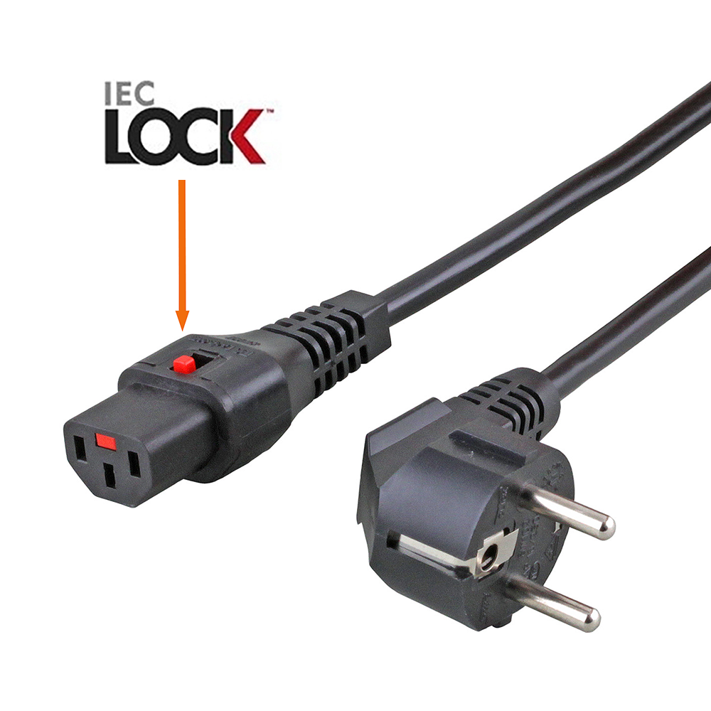 Câble d'alimentation secteur type EUROPE CEE 7/7 E+F 90° vers C13 avec VERROUILLAGE  IEC-LOCK 2m