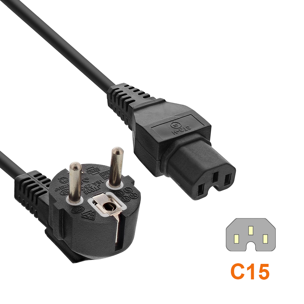 Câble secteur CEE 7/7 90° sur fiche pour appareil chaud C15, 1mm², VDE, noir, longueur 1.8m