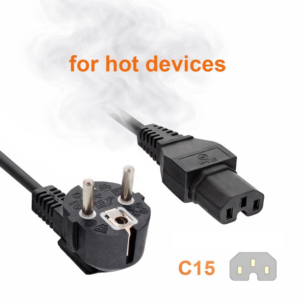 Câble secteur CEE 7/7 90° sur fiche pour appareil chaud C15, 1mm², VDE, noir, longueur 1m