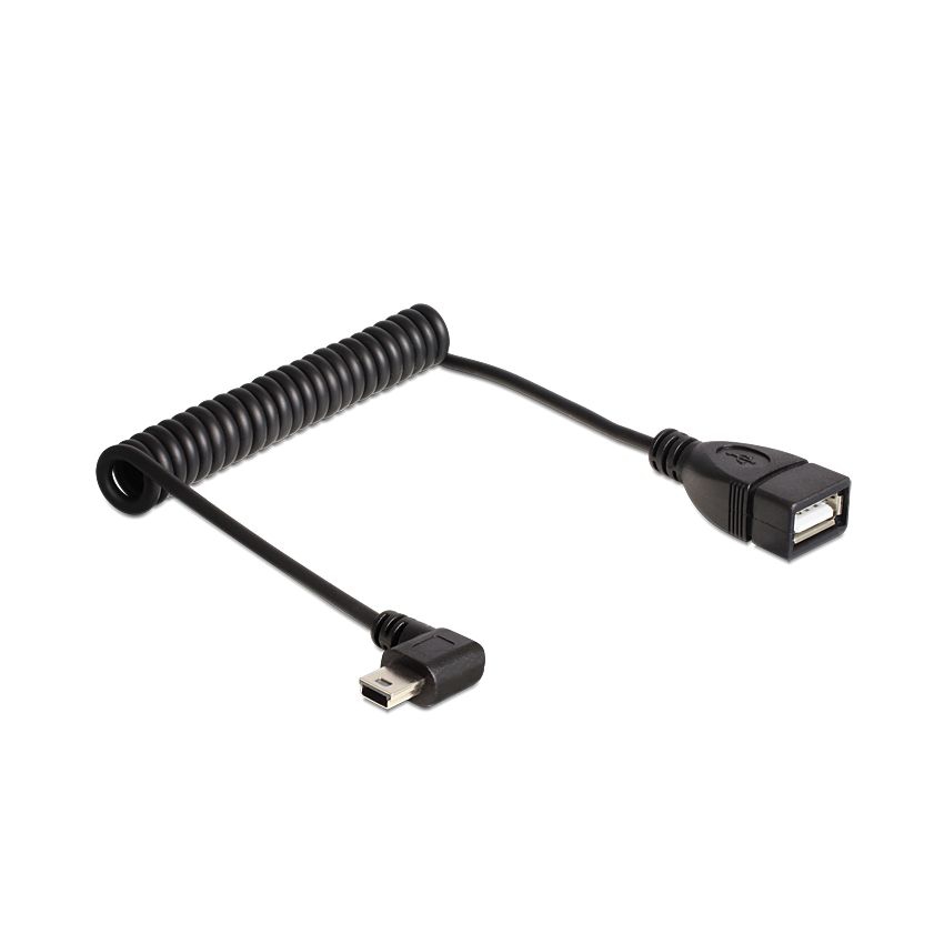 Câble spiralé USB Mini B 90° coudé à GAUCHE vers USB A femelle 28-55cm (OTG)