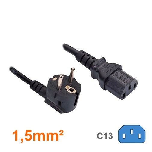 Câble d'alimentation secteur type EUROPE CEE 7/7 E+F 90° coudé vers C13 10m